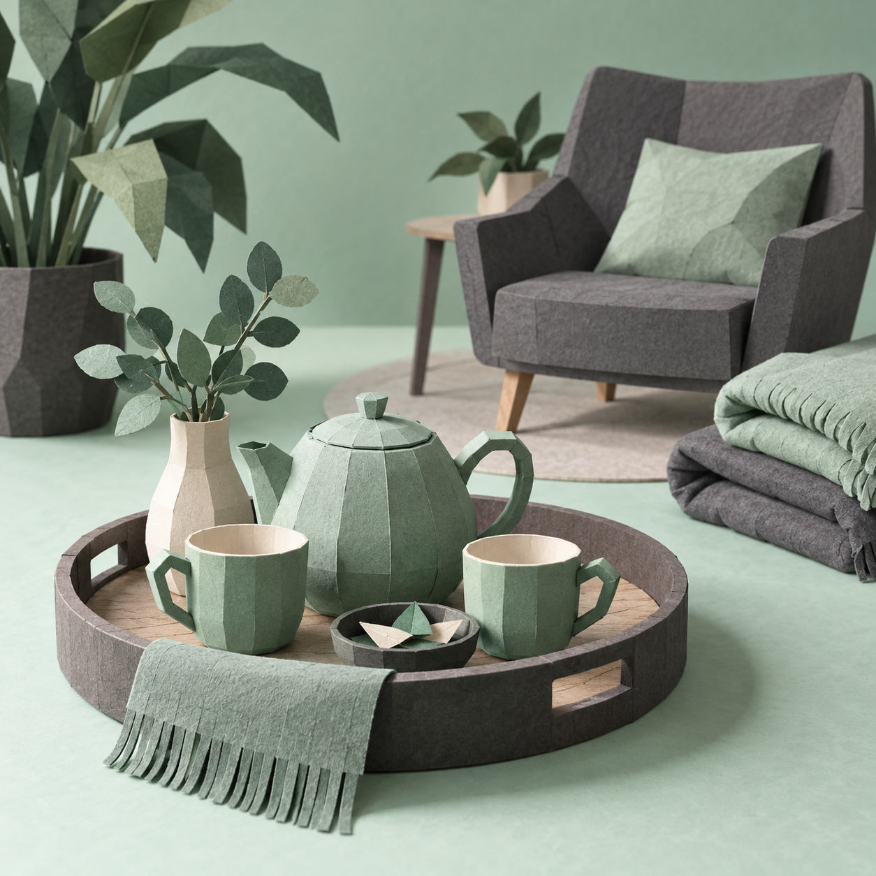 Illustration of community care service workspace: a tea tray, a welcoming empty lounge, folded blankets