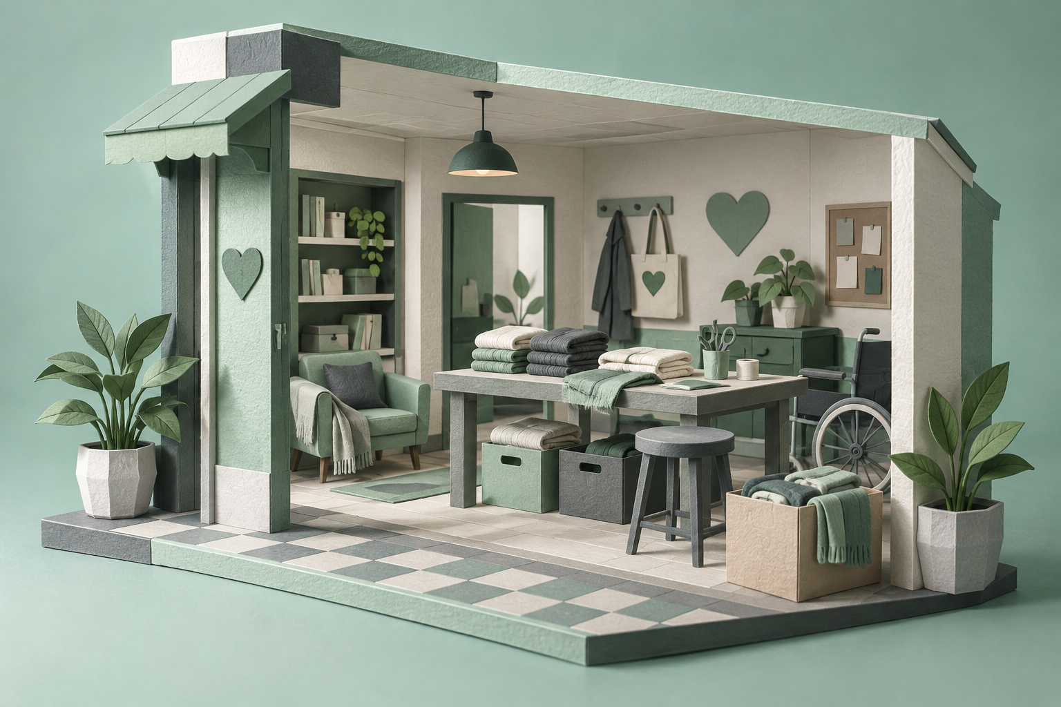 Illustration of community care service workspace: folded blankets, a small bookshelf without readable text, accessible seating