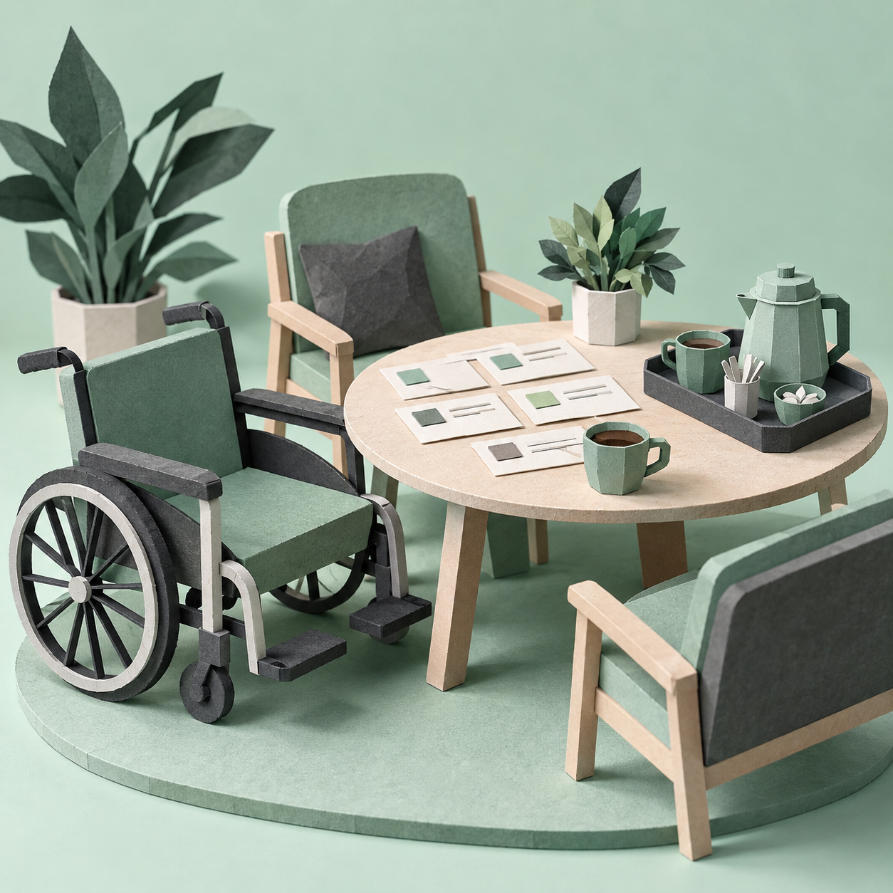 Illustration of community care service workspace: accessible seating, plain scheduling cards, a tea tray